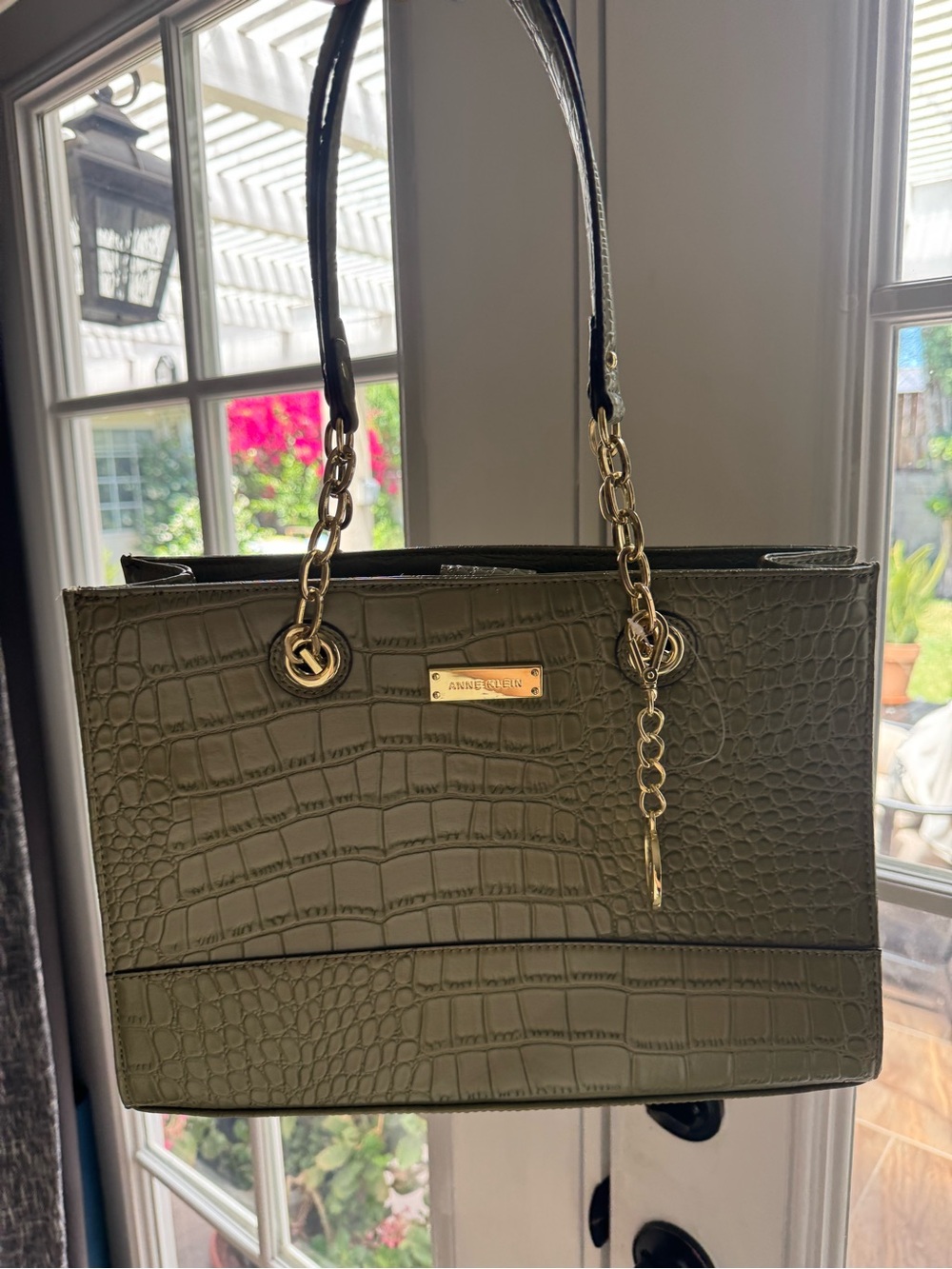 Anne Klein Olive Croc-Embossed Tote with Gold Chain Accents